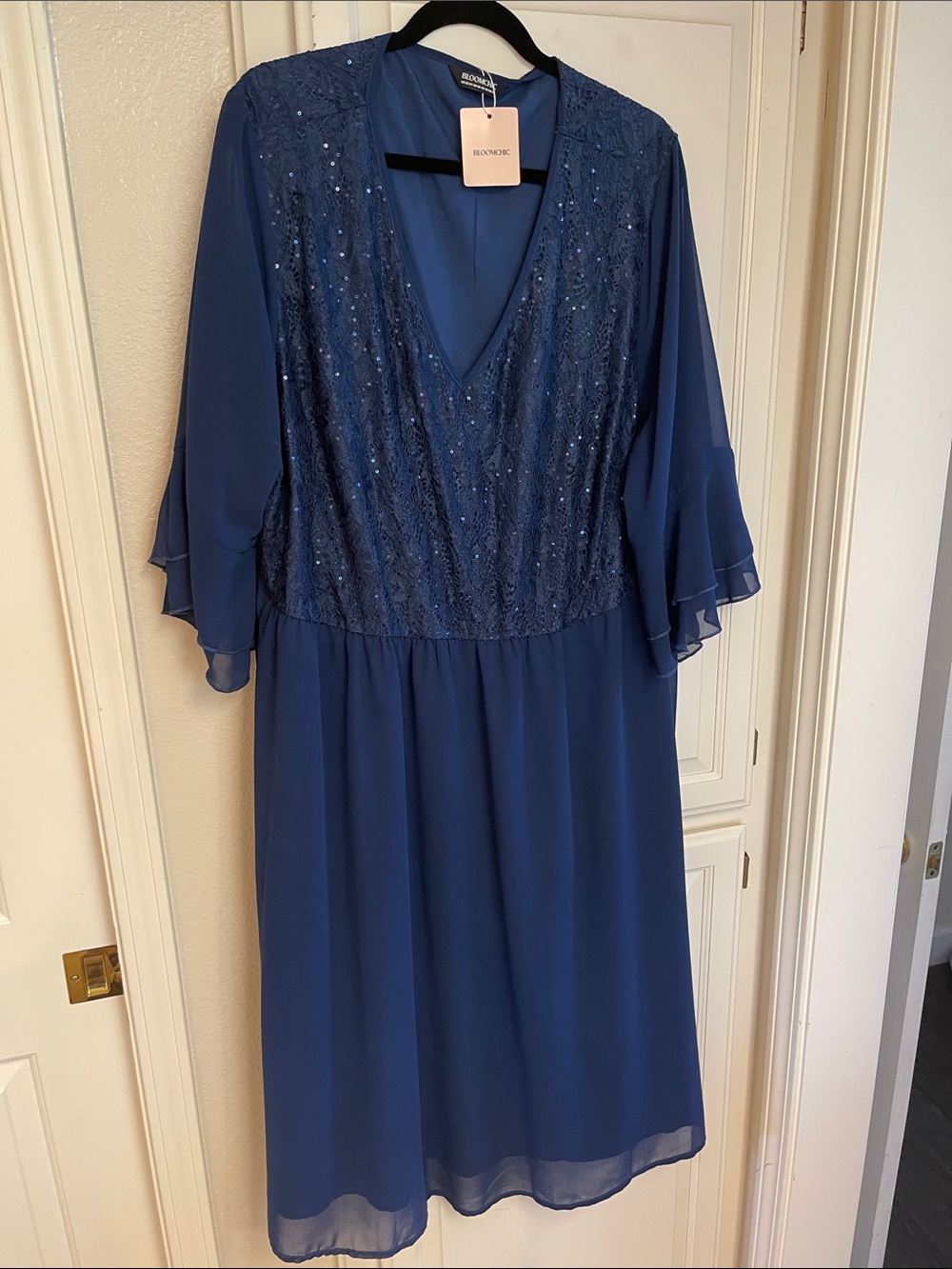 BloomChic Navy Sequin V-Neck Midi Dress